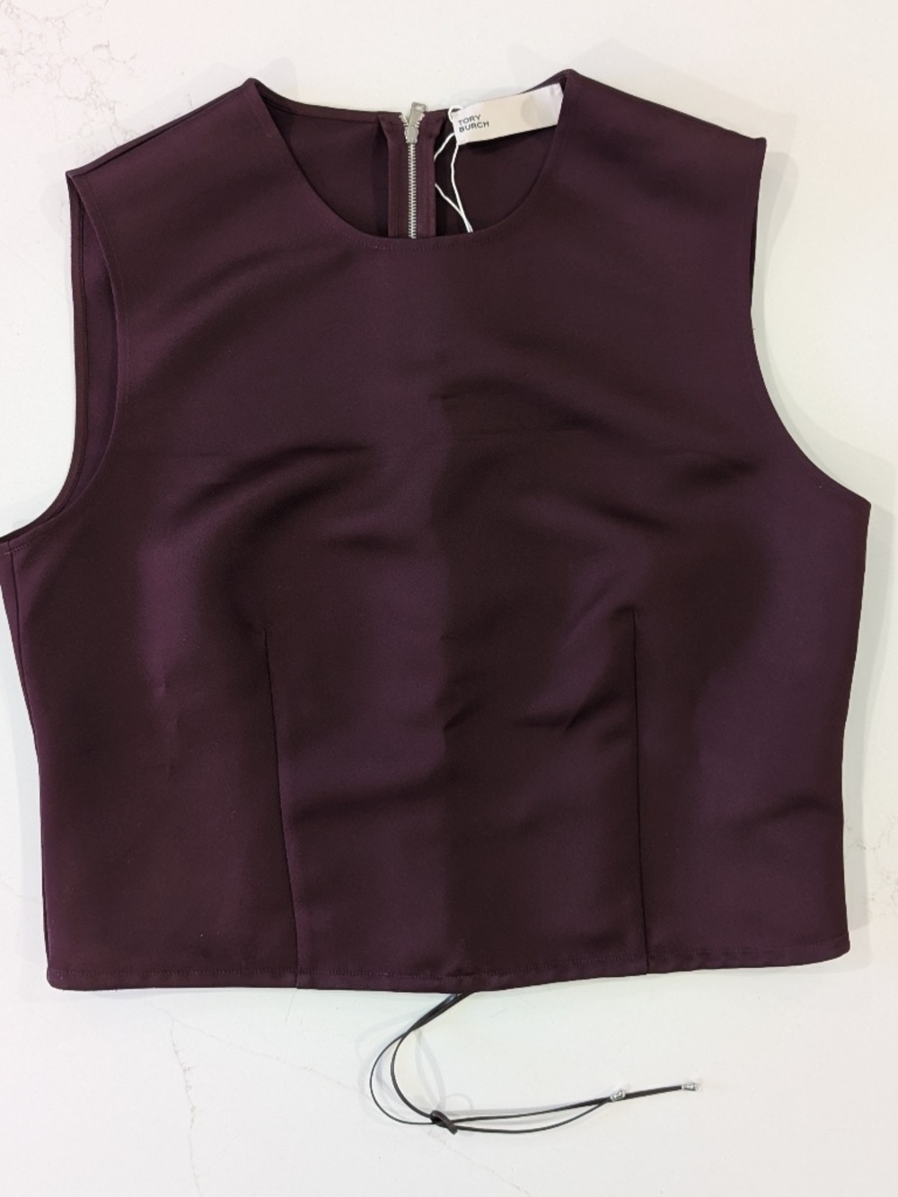 Tory Burch Merlot Satin Shell Top Sleeveless Back Zip Bungee Hem Size 8 NWT $440
